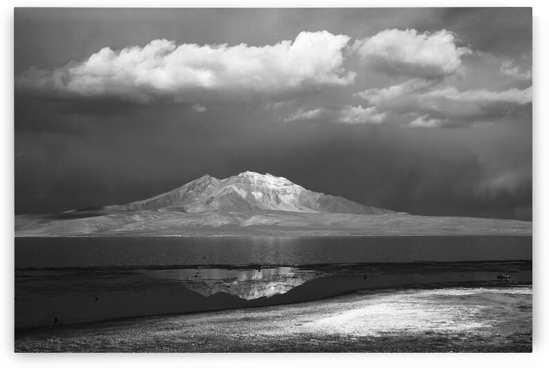 Quisi Quisini volcano and Lake Chungara in black and white Chile by Magical Andes Photography