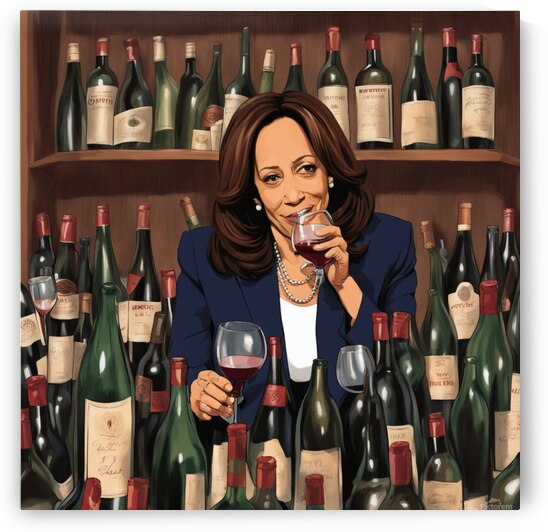 Kamala Harris drunk and drinking wine surrounded by empty wine bottles. by AIGALLERY