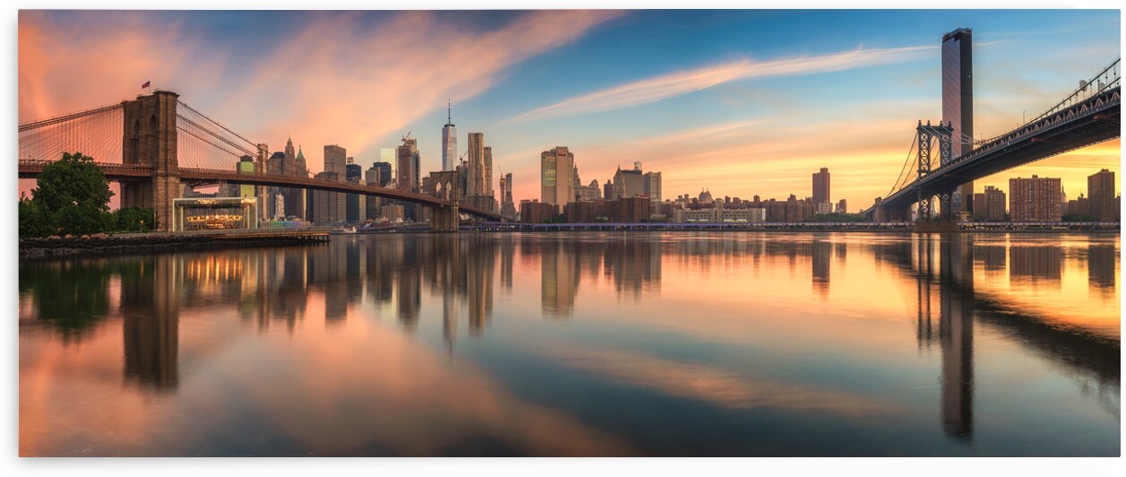 NYC Skyline at Dawn | Brooklyn and Manhattan Bridges Reflected by Dutch Photographer