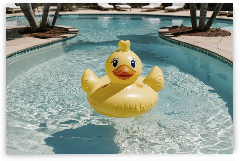 a bright yellow inflatable duck float lounging in by Vasile Brezoianu