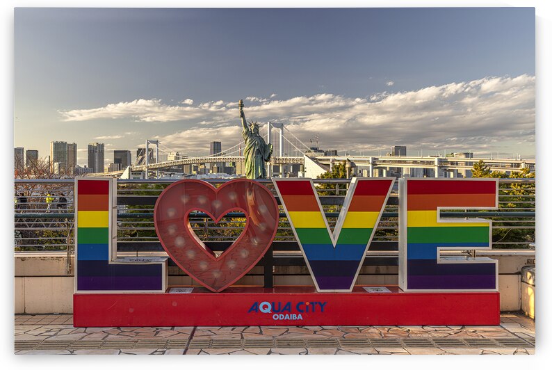 Rainbow love sign standing in front of rainbow bridge  tokyo by Gualtiero Boffi