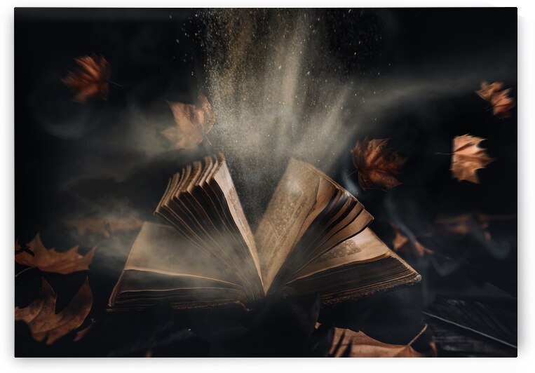 Open magic book with flying autumn leaves and raven black feathe by Jelena Jovanovic Fine Art