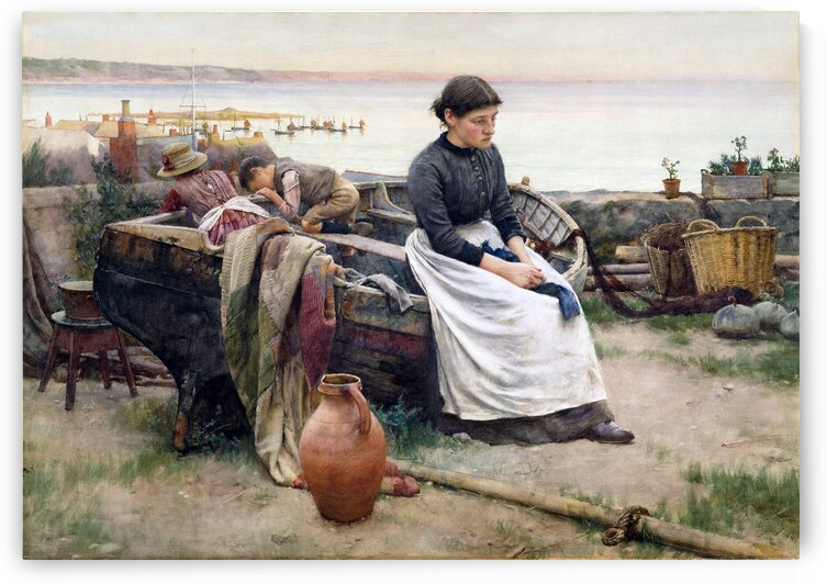 Woman Sitting on Boat Vintage Oil Painting by One Simple Gallery