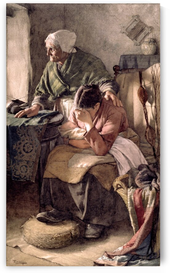 Sad Mother With Baby And Grandmother Vintage Oil Painting by One Simple Gallery