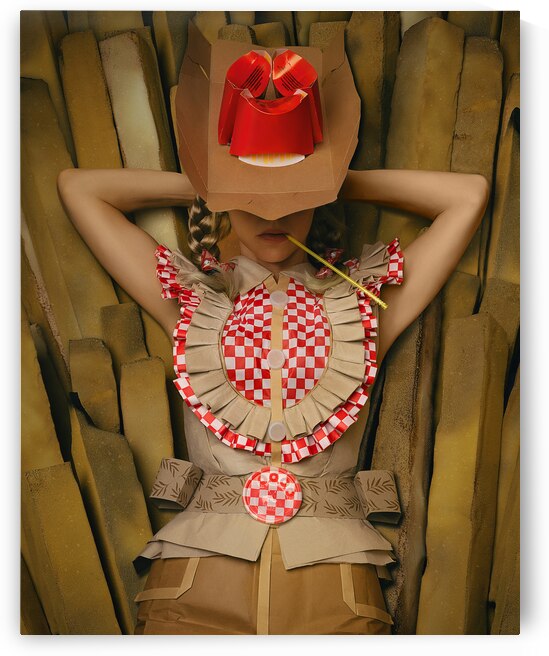 Portrait of a young woman with blond braids wearing a cowboy hat and western clothing all made from fast-food wrappers resting on a pile of French fries by Artmood Visualz