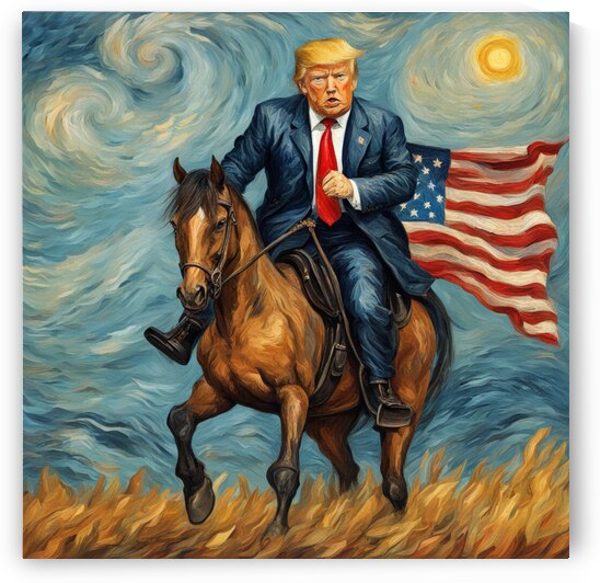 image of Trump in a horse with American Flag in his hand Van Gogh style by AIGALLERY