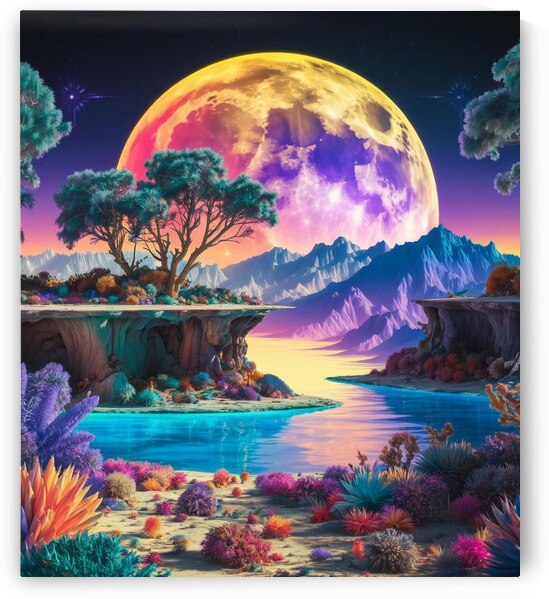 This image shows a fantasy landscape with a large moon in orange and yellow gradient. by Megh25000