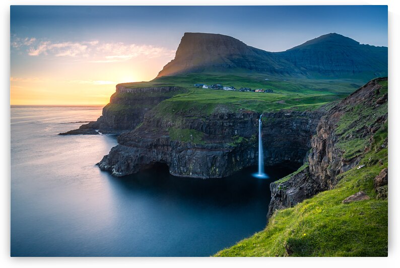 Sunset at a Waterfall in Faroe Islands by Andreas Wonisch