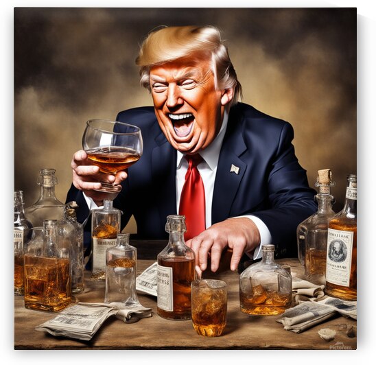 Fake-News-Donald at Work - Donald Trump drunk and laughing with a glass in his hand behind empty whiskey bottles Dali style by AIGALLERY