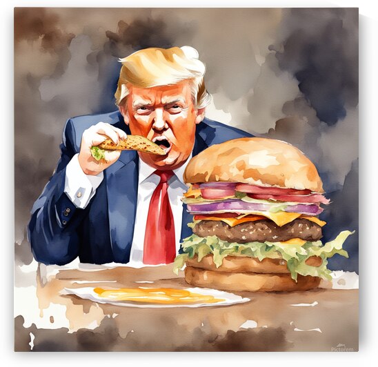 donald trump devours a very large hamburger. Watercolor style by AIGALLERY
