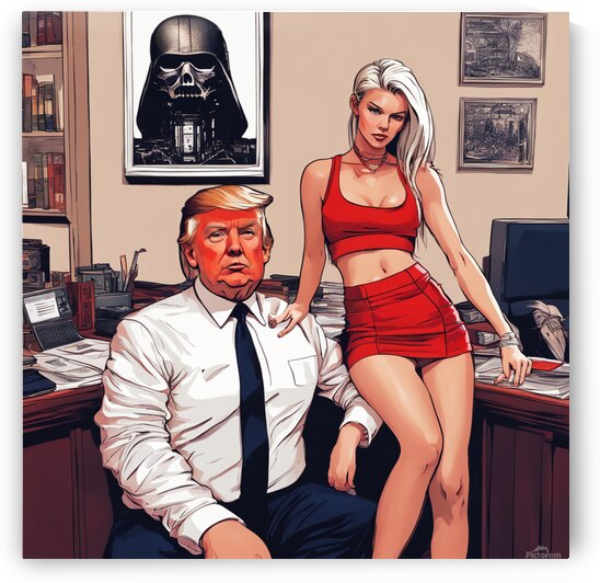 donald trump in his office with his very young beautiful secretary. she is wearing a very short red miniskirt and a white crop top. Cyberpunk style by AIGALLERY