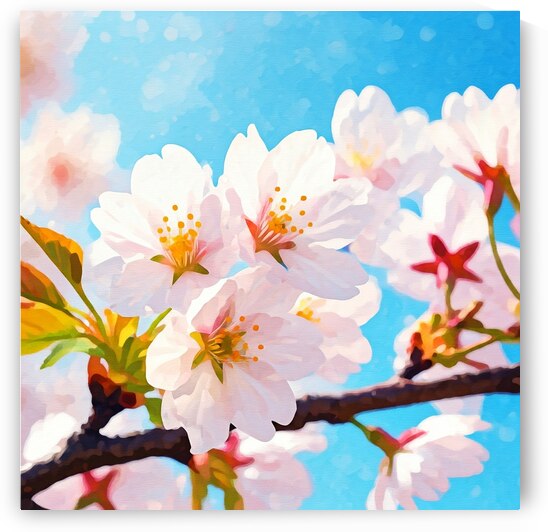 1. A vibrant painting of a cherry blossom tree against a clear blue sky showcasing delicate pink flowers in full bloom. by el mehdi agriba