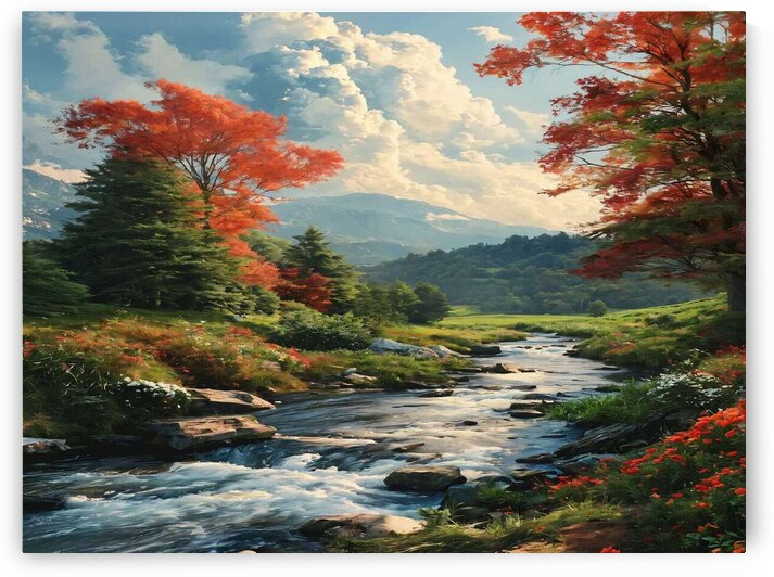 A serene painting depicting a mountain stream surrounded by vibrant red trees capturing the beauty of nature. by Megh25000