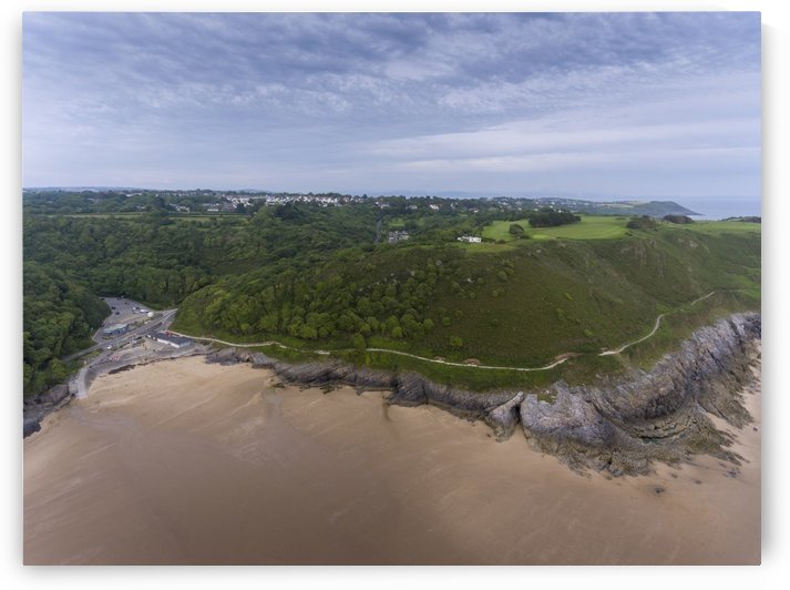 Aerial view of Caswell Bay car park and shops by Leighton Collins