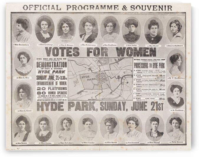 1908 Map of the Womens Sunday March – Historic British Suffragette Procession Chart Through London to Hyde Park One of the Largest Womens Rights Demonstrations in Early 20th Century UK by History In Your Home