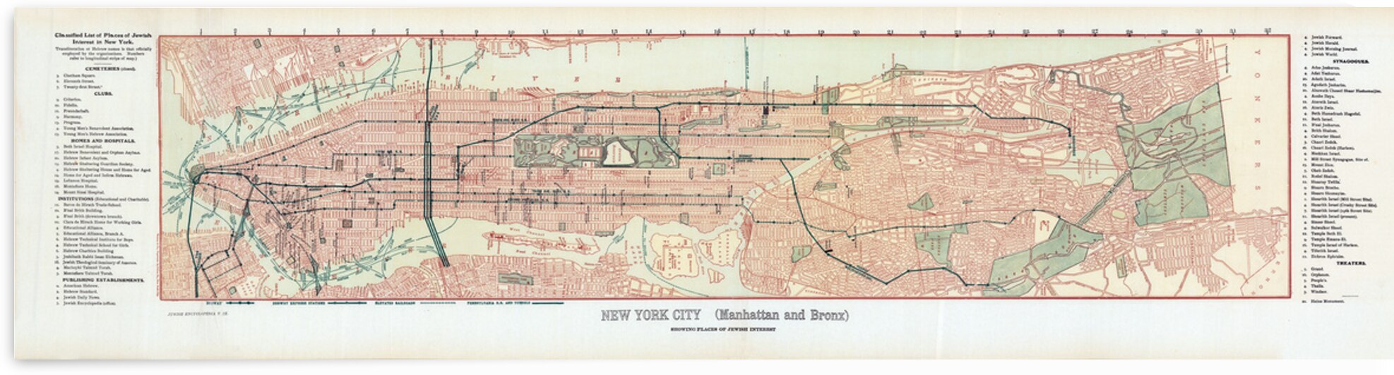 1910 Jewish Guide Map of Manhattan – Historic Cultural Chart Showing Jewish Neighborhoods Synagogues and Landmarks in Early 20th Century New York City by History In Your Home