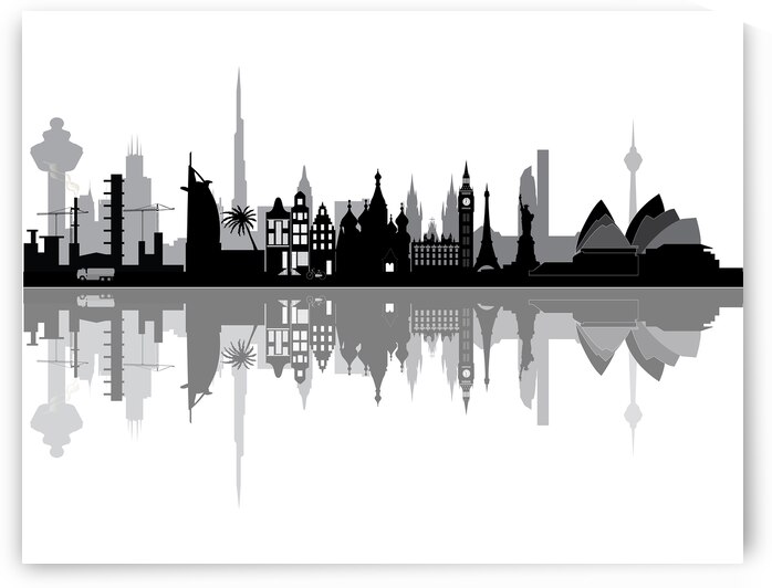 world city skyline with famous buildings from all over the world by Chris Willemsen