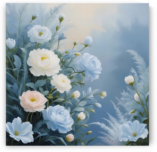 A celestial painting featuring blue and white flowers in soft pastel tones adding tranquility and beauty to your decor. Generative Al by Arteza