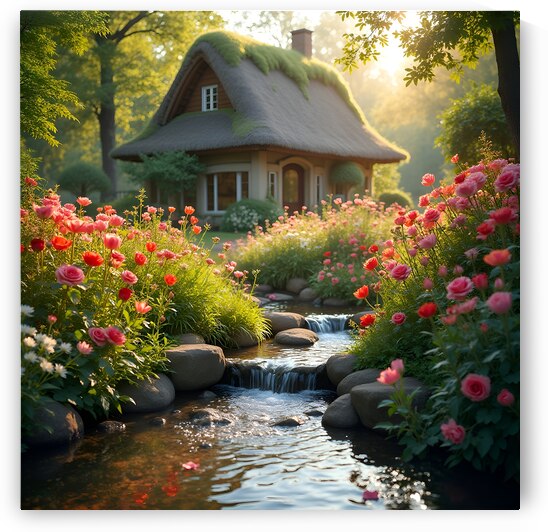 A charming cottage by a flowing stream surrounded by vibrant flowers and lush greenery evoking a fairytale atmosphere. Generative Al by Arteza