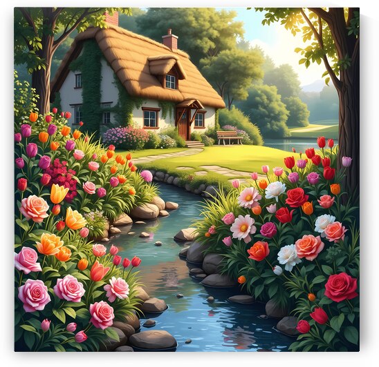 A fairytale cottage surrounded by a vibrant garden featuring a stream and sunlit path embodying cottagecore charm. Generative Al by Arteza