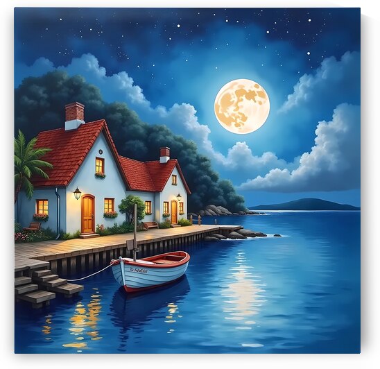 A serene coastal scene featuring a cottage pier and boat under a moonlit sky filled with stars and shimmering reflections. Generative Al by Arteza