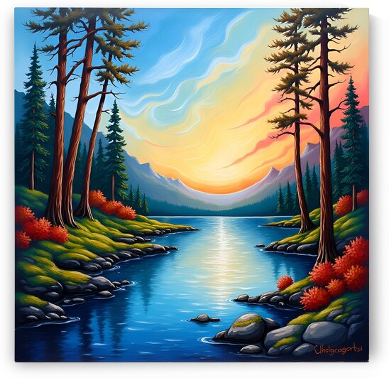 A serene mountain landscape featuring a vibrant sunset towering pines and a calm lake perfect for home decor inspiration. Generative Al by Arteza