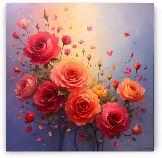 A striking image of roses and butterflies set on a blue background radiating color and joy for any occasion. Generative Al by Arteza