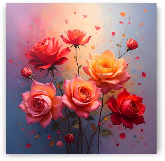 A vibrant painting of numerous roses showcasing delicate petals and shimmering dew creating a romantic atmosphere. Generative Al  by Arteza