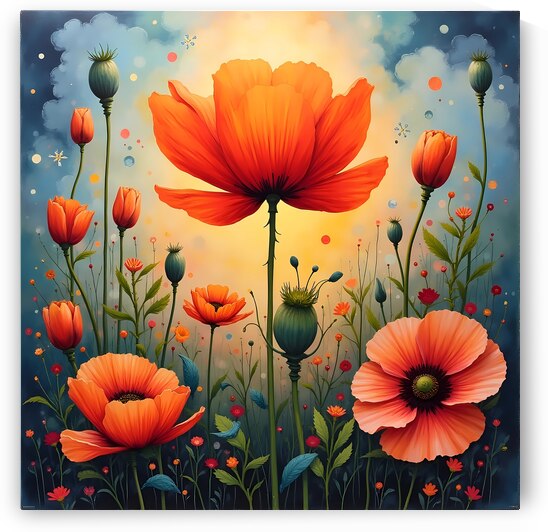 A vibrant painting of red poppies in a sunlit field with a central orange poppy and a dreamy blue sky above. Generative Al by Arteza