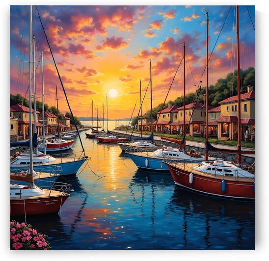 A vibrant sunset over a harbor filled with colorful boats creating a serene coastal atmosphere. Generative Al by Arteza