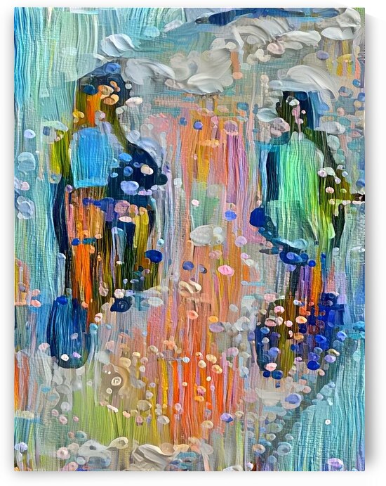 figures cycled through a vibrant abstract landscape by Luciano