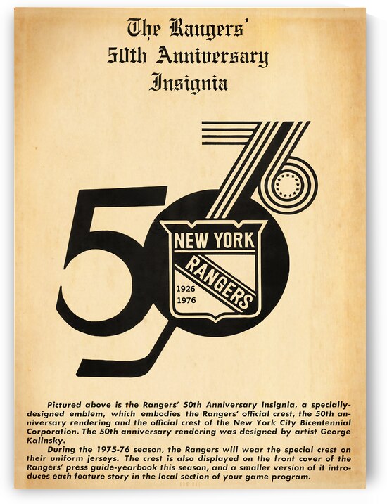 1976 New York Rangers Logo Art by Row One Brand