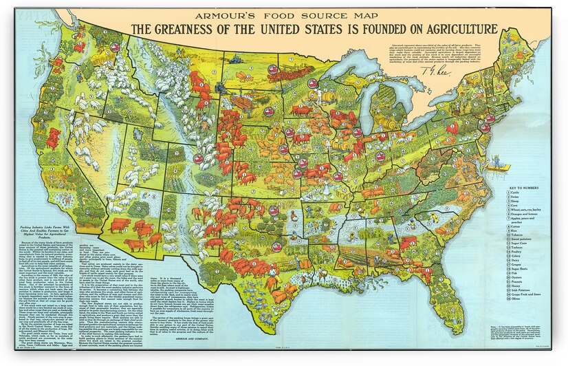 Pictorial Agriculture Map of the United States – Vintage Mid-20th Century Illustrated Farming Map Featuring Regional Crops Livestock and Agricultural Production Across America by History In Your Home