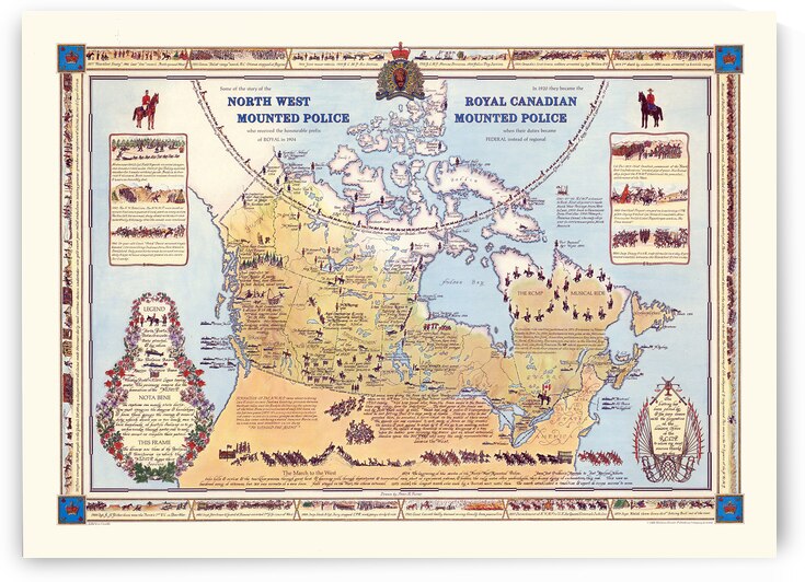 Pictorial Map of Canada – Vintage Illustrated Map Featuring Royal Canadian Mounted Police Regional Icons and Historic Canadian Landmarks by History In Your Home