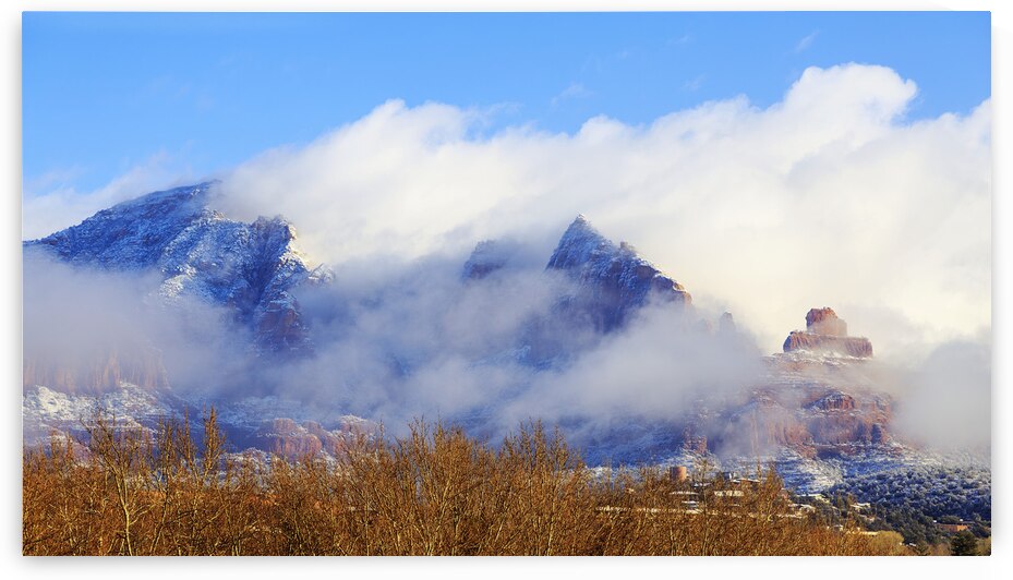 Misty Snowfall Over Sedona’s Red Rocks by Shallowshark