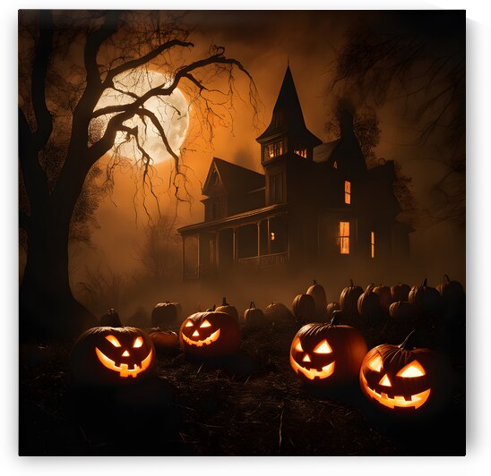 Eerie Halloween Scene with Carved Pumpkins and Full Moon by Abdu innovations