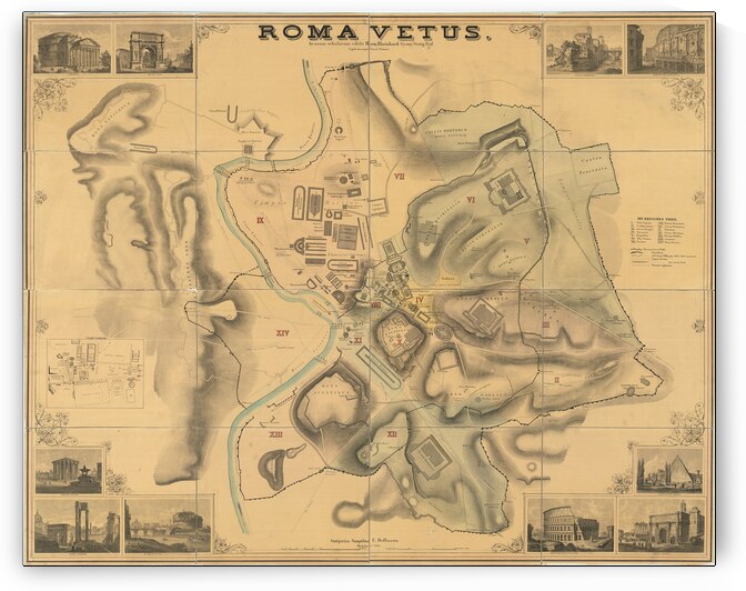 Map of Ancient Rome – Historic Cartographic Representation of the Roman Empires Capital City Featuring Roads Forums Temples & Structures at the Height of Its Imperial Power by History In Your Home
