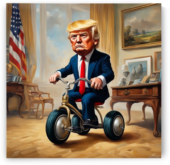 donald trump rides through his office in short pants on a childrens tricycle. Dali style by AIGALLERY
