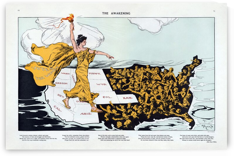 Pictorial Women’s Suffrage Map of the United States Highlighting the Timeline of Voting Rights Achievements by State Before the 19th Amendment by History In Your Home