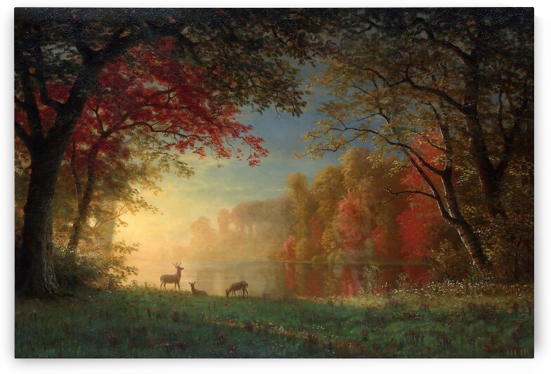 Circa 1890 Indian Sunset: Deer by a Lake  by Row One Brand