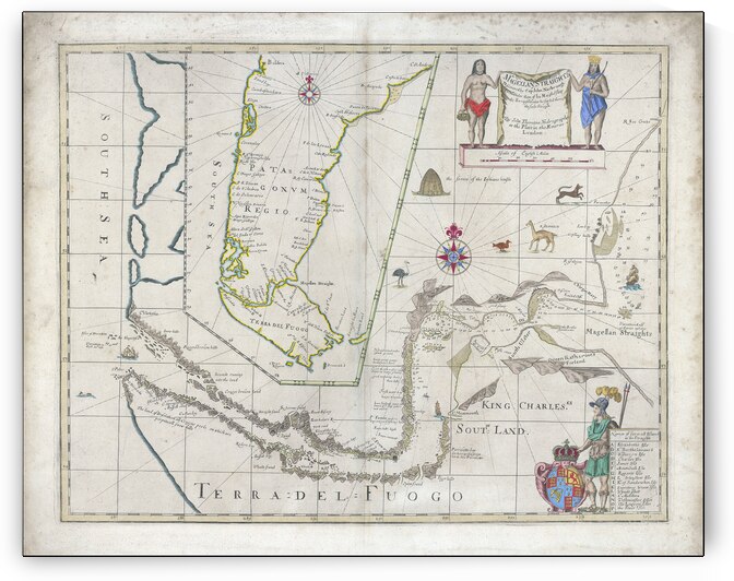 1673 John Narbrough’s Map of Magellan’s Strait – Early Exploration Chart of Southern South America from British Naval Expedition to the Strait of Magellan by History In Your Home