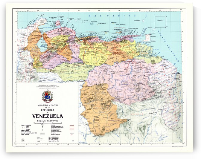 1967 Map of the Republic of Venezuela Depicting National Boundaries Provinces and Natural Resources in Mid-20th Century South America by History In Your Home