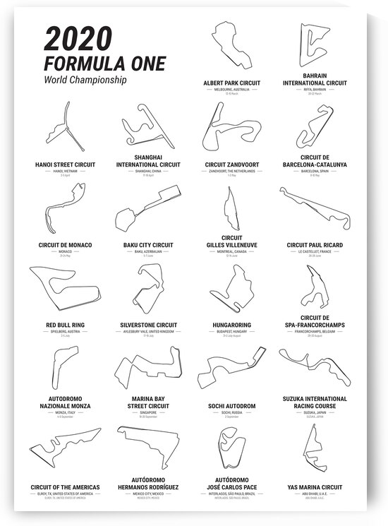 2020 Formula One World Championship Schedule Print by Conceptual Photography
