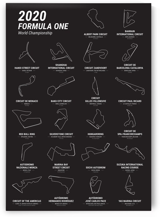 2020 Formula One World Championship Schedule Print by Conceptual Photography