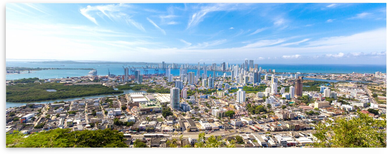Flag wavering in front of scenic view of Cartagena modern skyline near historic city center and resort hotel zone by Elijah Lovkoff