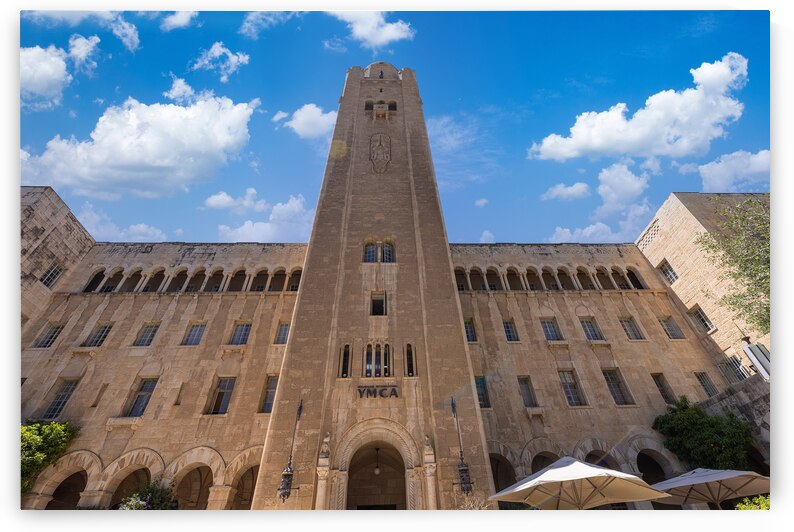 Jerusalem International YMCA landmark bell tower and hotel in historic city centre by Elijah Lovkoff