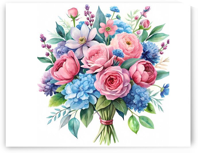 watercolor pink and blue flowers bouquet by rassam