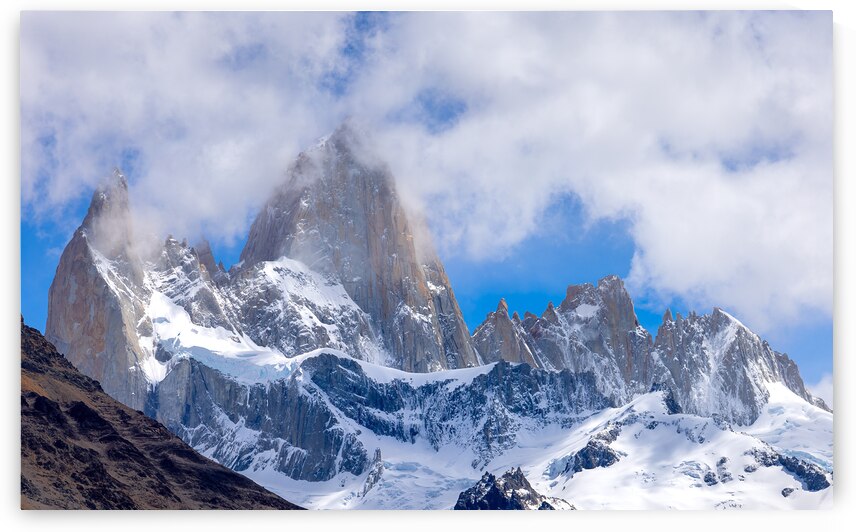 Scenic landscapes of Mount Cerro Fitz Roy in Patagonia near El Chalten El Calafate and lake Capri by Elijah Lovkoff