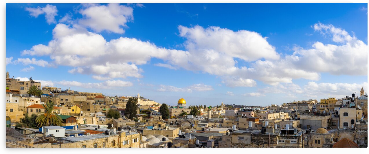 Panoramic skyline of Jerusalem Old City Arab quarter near Western Wall and Dome of the Rock by Elijah Lovkoff
