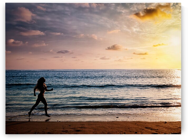 Beautiful athletic woman running along sea beach in the morning by Dmitry Rukhlenko
